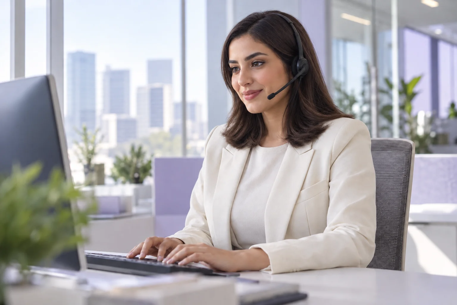 Illustrative support specialist working with customer context