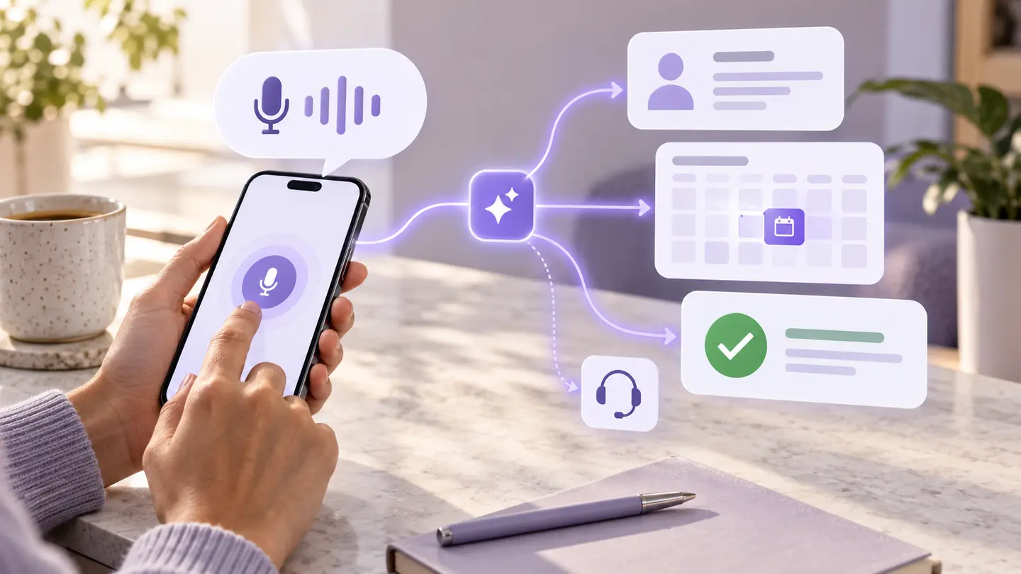 A customer speaks into a phone as an AI-assisted journey connects their request to customer context, an appointment, a completed task and a human handoff