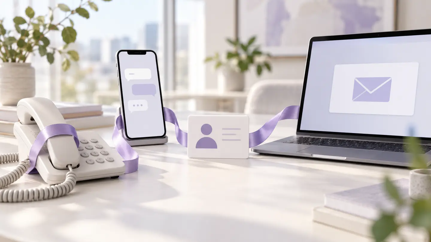 A phone, messaging smartphone and email laptop linked around one customer-context card by a lavender ribbon