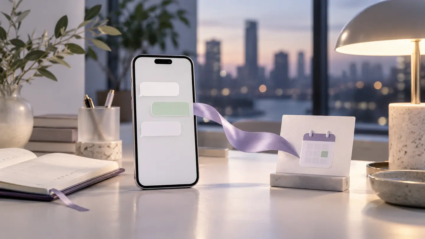 Editorial illustration of a messaging phone connected by a lavender ribbon to an appointment card at dusk