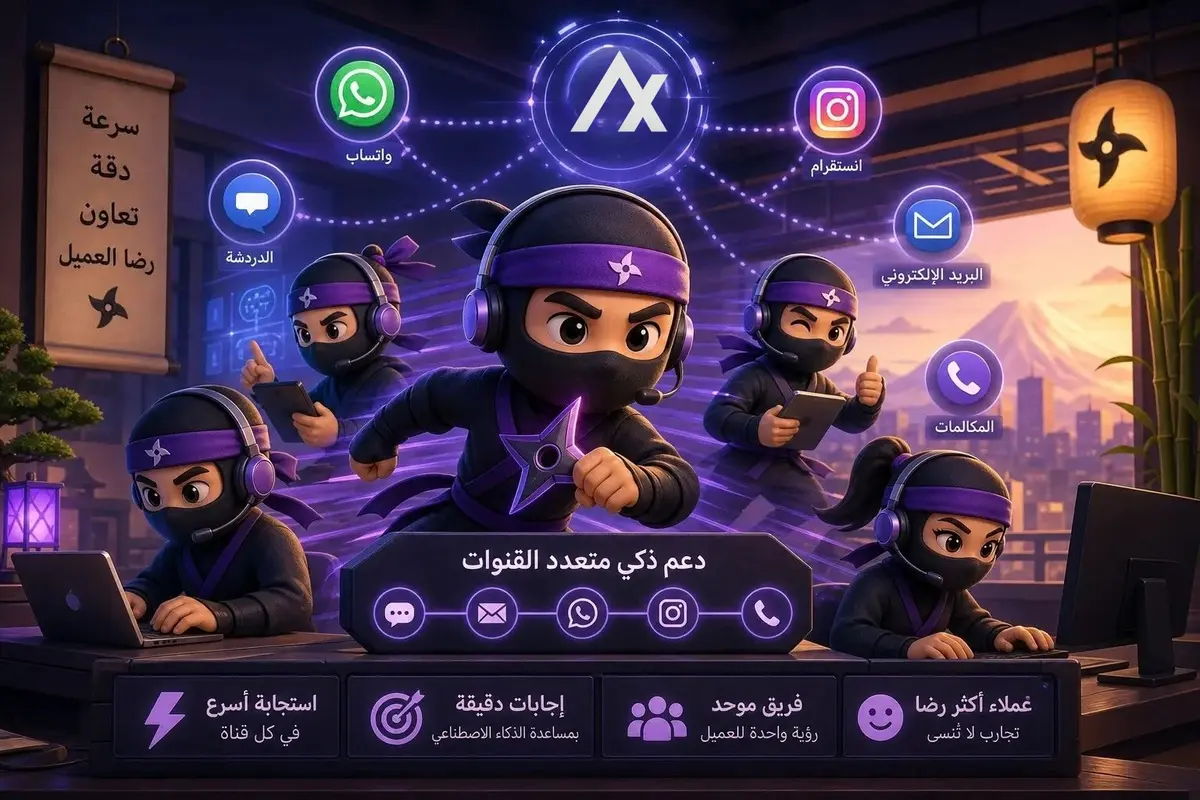 رسم توضيحي لفريق دعم يتعامل مع المكالمات والرسائل عبر قنوات متعددة